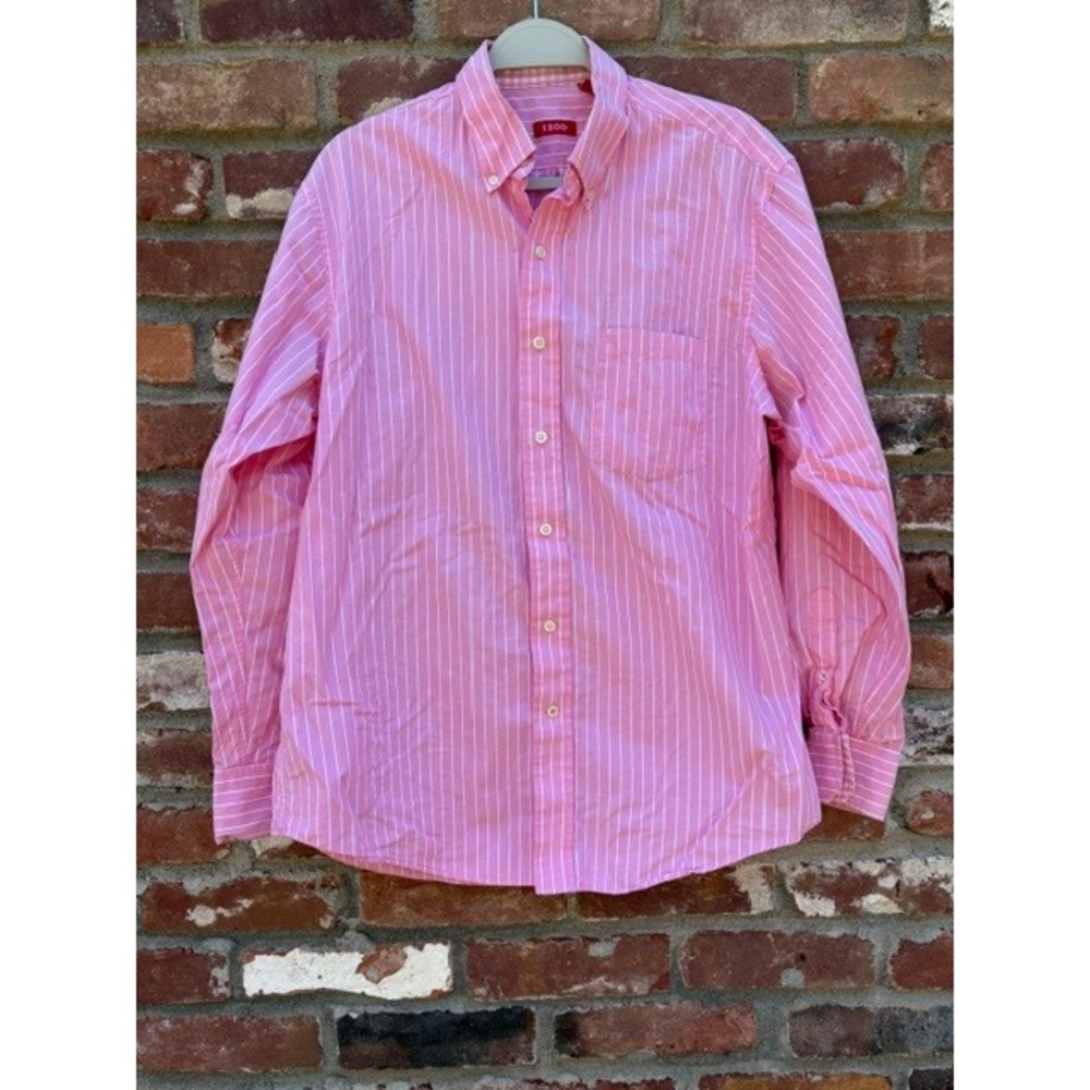 IZOD Womens Pink White Striped Long Sleeve Button Down Shirt Size M Prep Coastal